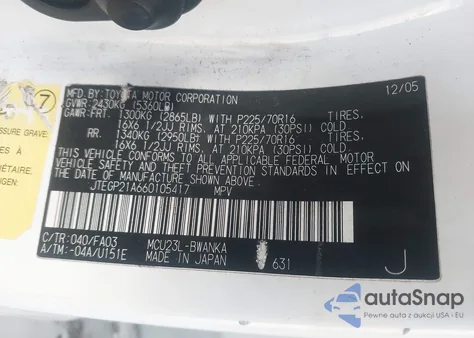 2006 Toyota Highlander V6 z USA, uszkodzony, nr VIN JTEGP21A660105417